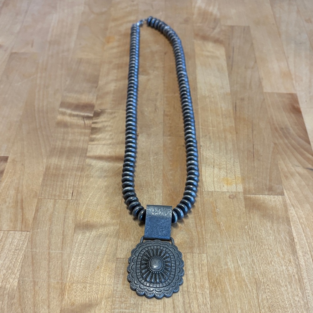 Silver Beaded Necklace with Medallion Pendant